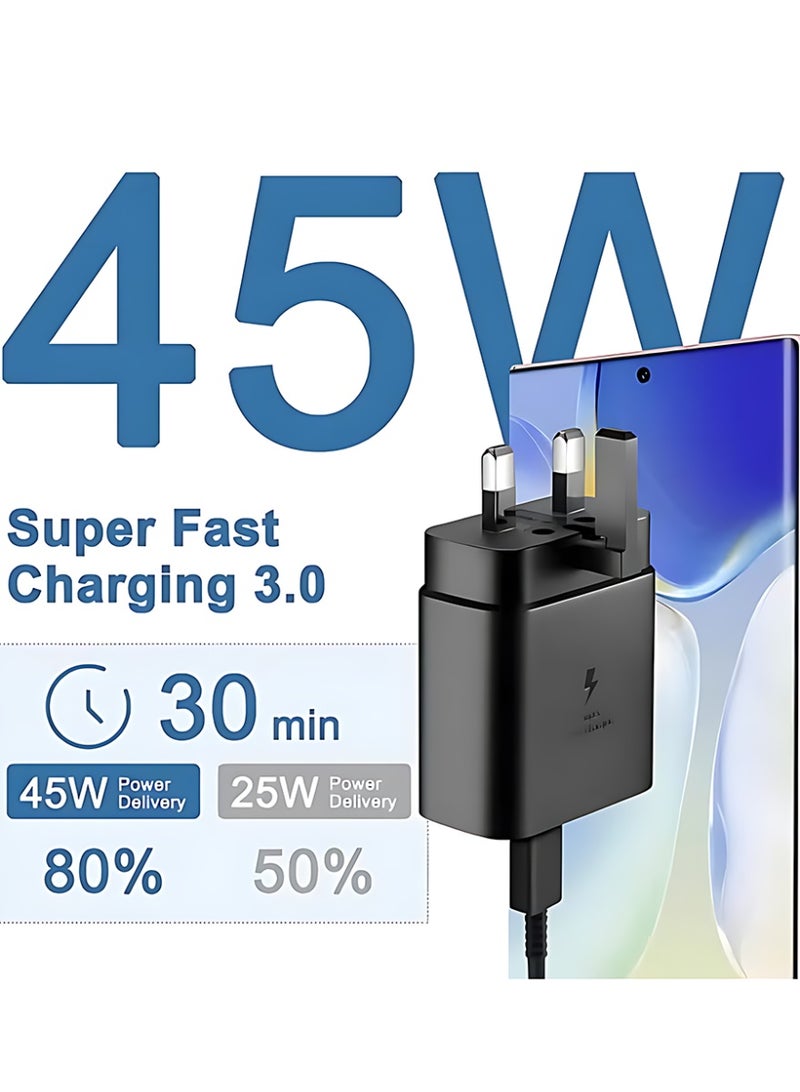 CLAVON 45W Super Fast Charger with Type-C Jack and USB-C Cable 1m Fast Charging Wall Adapter, Compatible with S24 Ultra/S24 Plus/S23 FE/S24/S22/S21 S20, A54 A25 A15 A05S A53 A34 A23 5G, Z Fold 4 5/Z Filp, Tab S7 S8, and Other Devices, Black - Image 2